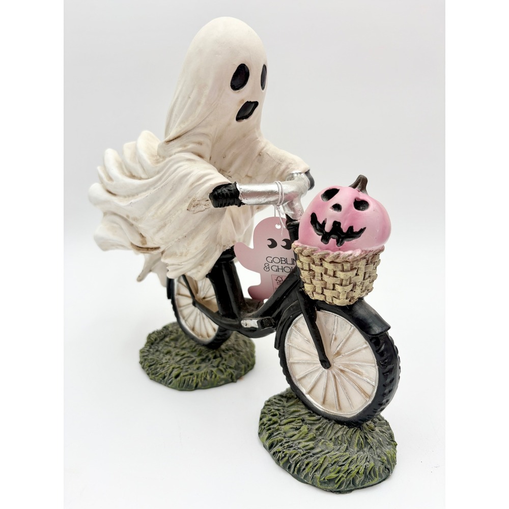HALLOWEEN Ghost on‎ Bike Figurine with Pumpkin Basket Goblin & Ghoul Decor